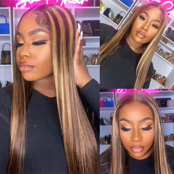 Highlight Wigs Real Human Hair Wigs Straight Ombre 4*4 13*4 HD Lace Front Wigs