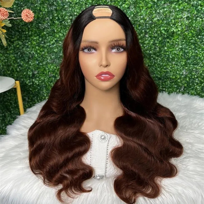 U Part Copper Red With Dark Roots Ombre Wigs Glueless Body Wave U Part Human Hair Wigs