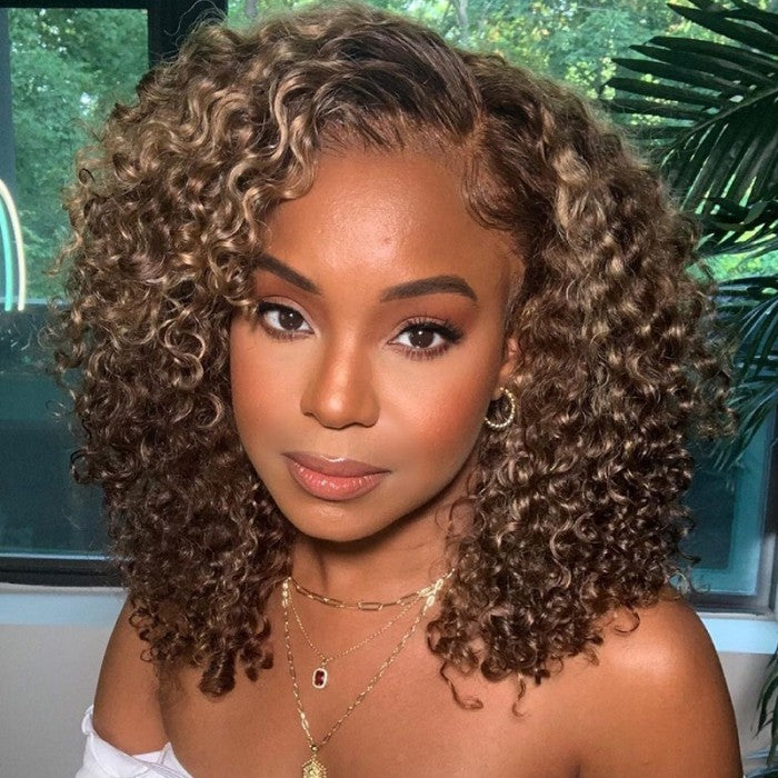 Ombre Honey Blonde Money Piece Highlight Lace Front Curly Human Hair Wigs