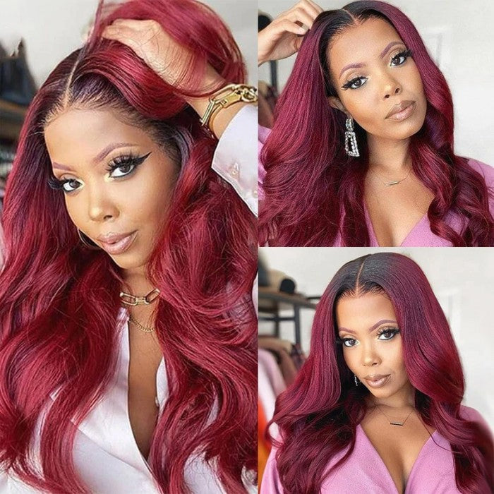 #1B/99J Burgundy Ombre Human Hair Straight New U Part Wig