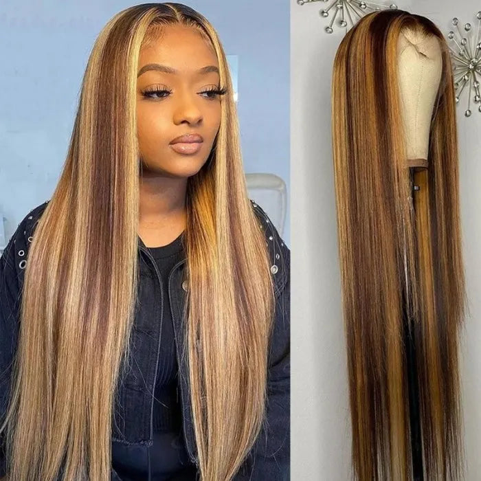 Rich Brown Hair With Honey Blonde Highlights T Part Wig Straight Human Hair