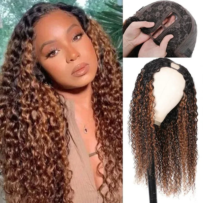 Brown Highlight U Part Human Hair Wig  Curly Human Hair Wigs For Women