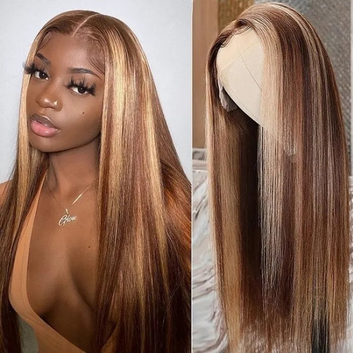Rich Brown Hair With Honey Blonde Highlights T Part Wig Straight Human Hair
