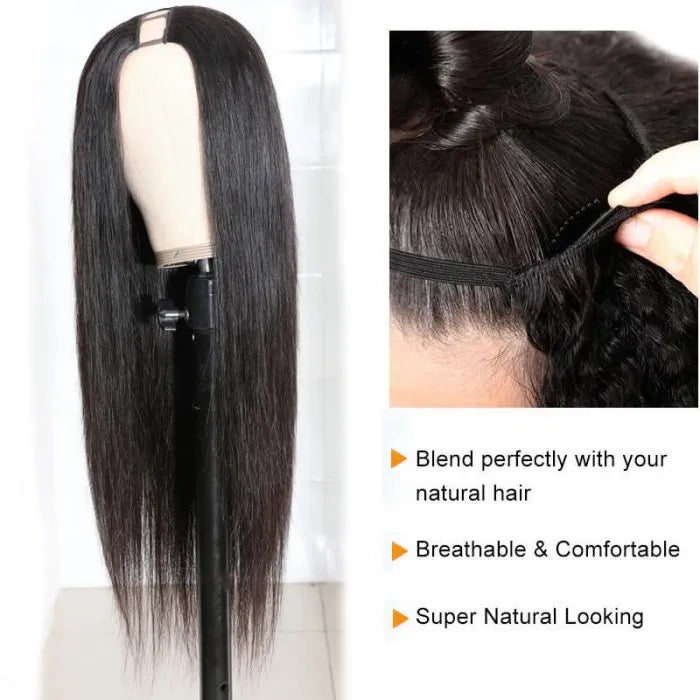 Straight  U Part Human Hair Wigs Glueless Natural Looking Hairline Beginner Friendly